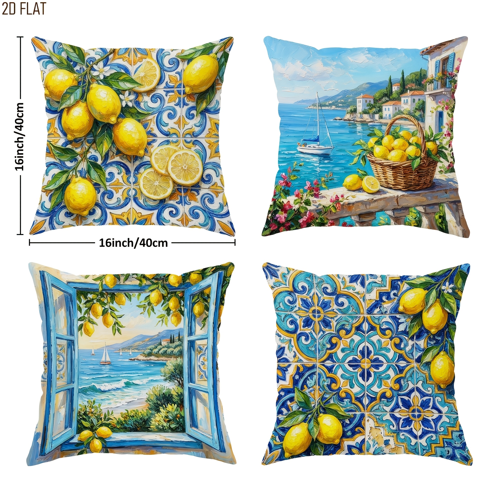 TEMU Housses de coussin d'été 2D plates, 4 pièces, motif citron côtier vibrant, bleu et jaune, imprimées -, pour salon, chambre à coucher, canapé,