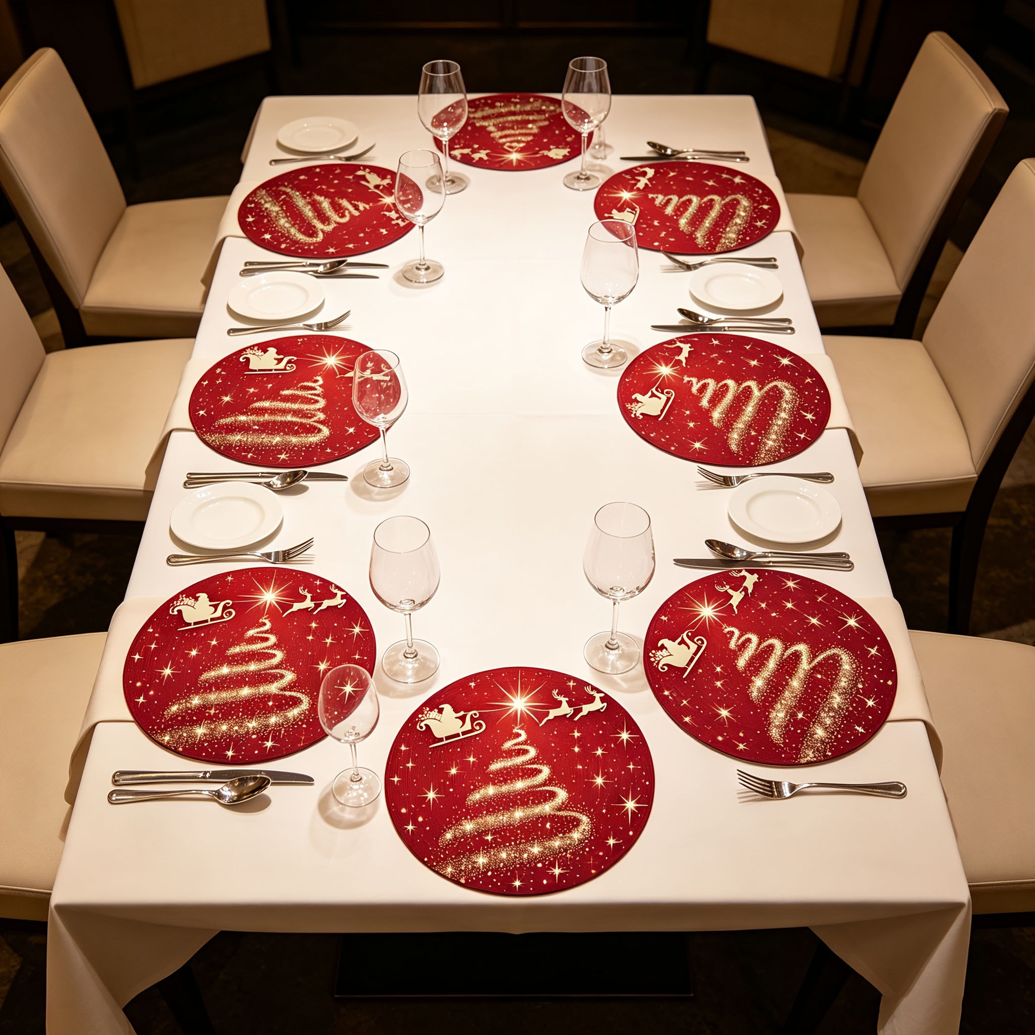 TEMU 2/4/6/8/10pcs Christmas Tree Printed Round Placemat Set - Festive Red And Decor, Machine Washable Polyester Material, Suitable For Christmas,