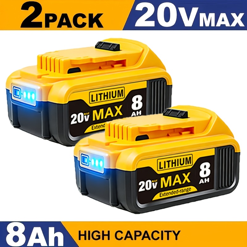 TEMU Lot de 2 batteries de rechange 20V 8.0Ah 100 % compatibles au lithium-ion pour for Dewalt - compacte XR, puissance haute capacité, compatibles