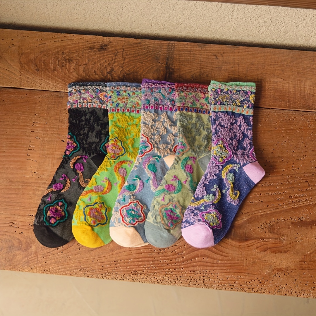 

5 Pairs Vintage Pattern Socks, Ethnic Style Comfort Mid Tube Socks, Women's Stockings & Hosiery For Fall & Autumn