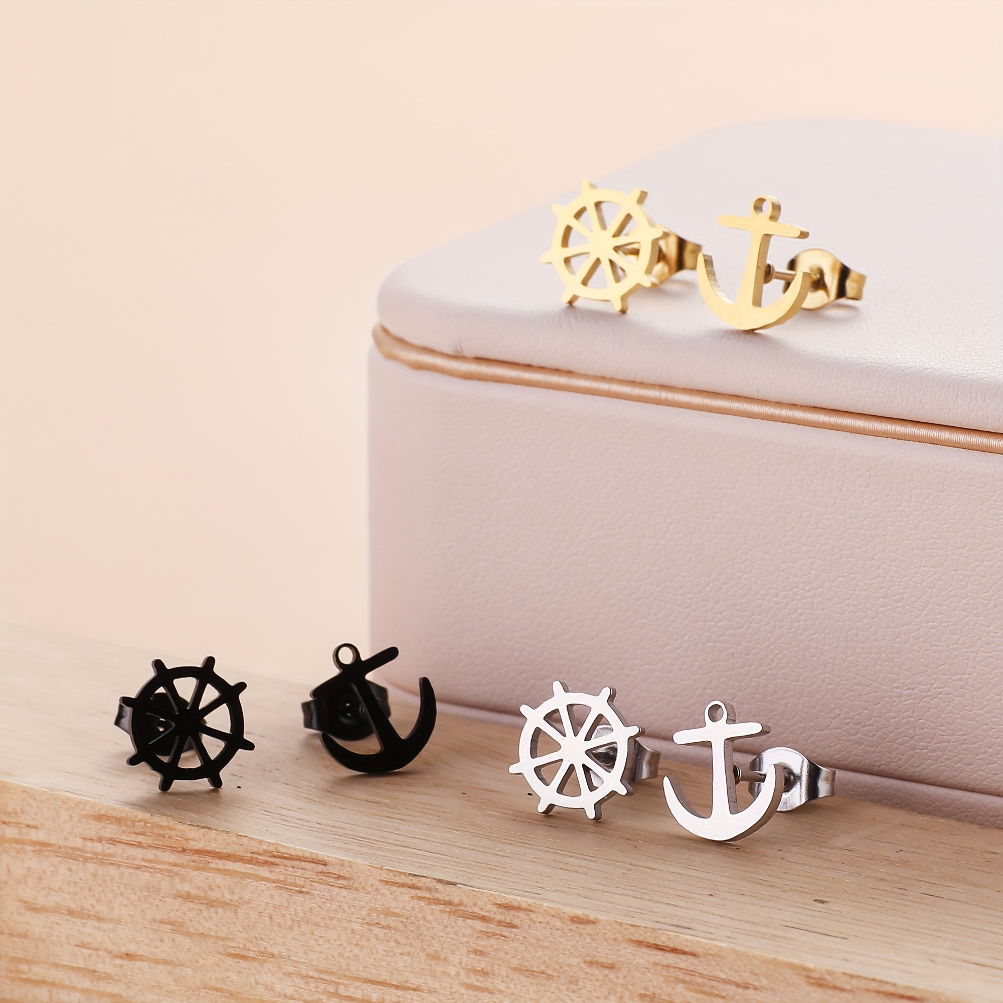 Image of 3-pair 3-color 6pcs Set Stainless Steel Hypoallergenic Anchor Shape Casual Attire Women's Stud Earrings