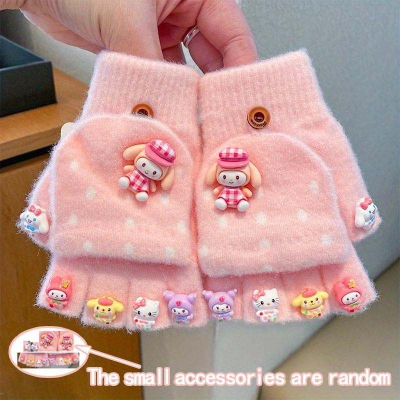 Image of 1 Pair 's Gloves, Autumn/winter Thickened Warm Gloves For Girls, Cold-resistant Half-finger Gloves, Creative Kuromi Five-finger Split Gloves For Boys And, Suitable For Daily Wear And , For Aged 3-6