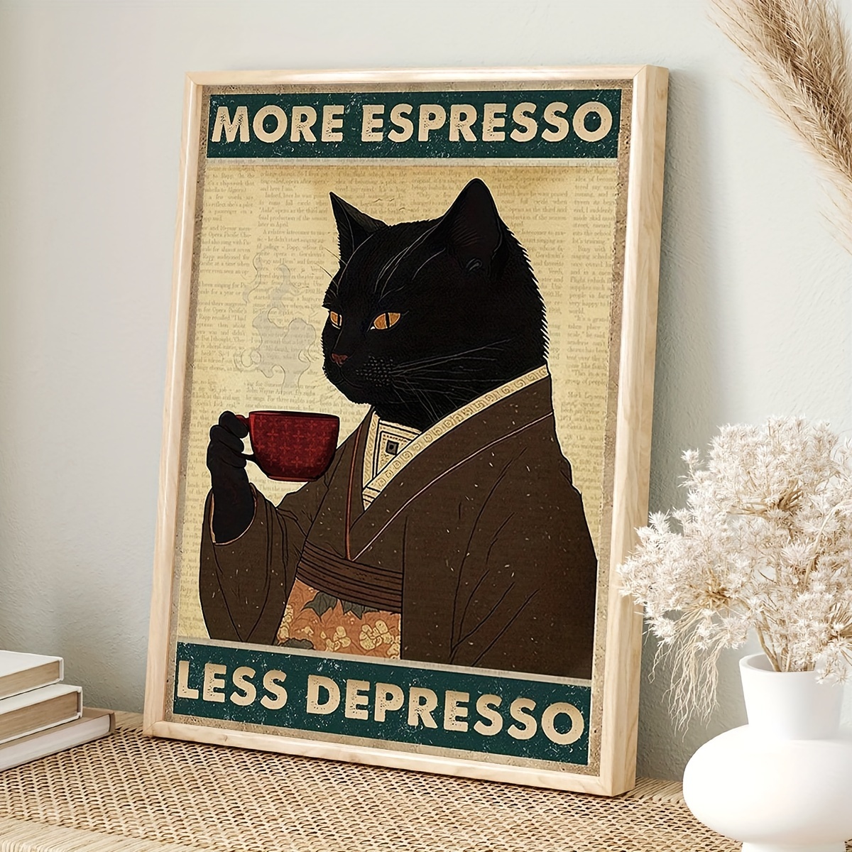 

More Espresso Less Depresso, Coffee Shop Art Work, A Black Cat Was Drinking Coffee, A Gift For Your Friend, Fit For Bar Club Pub Decoration Poster, Wall Art Canvas Painting, Ready To Hang (has Framed)