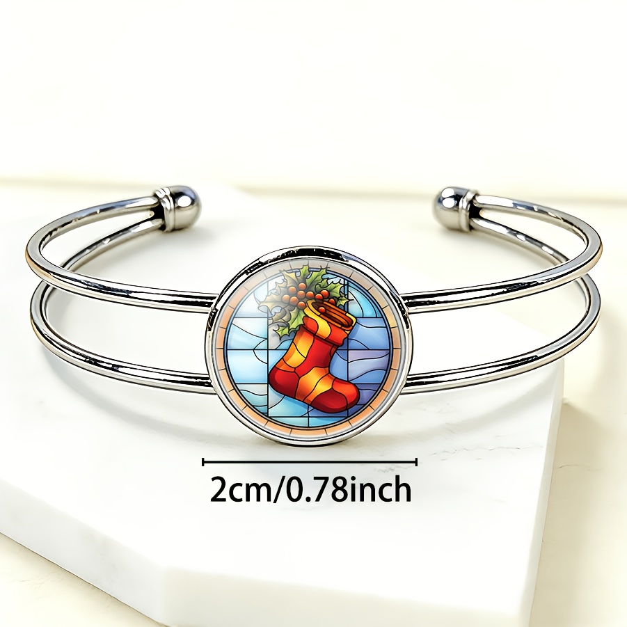 Women's Adjustable Round Time Gemstone Inlaid Bangle with Holly Branch Design