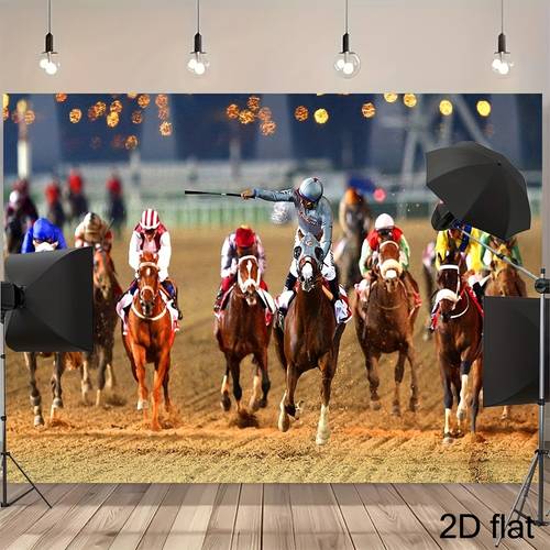 2d flat 1pc backdrop with numbered horses line realistic race track banner for derby party decorations photo booth background events easy setup theme for s 2d flat
