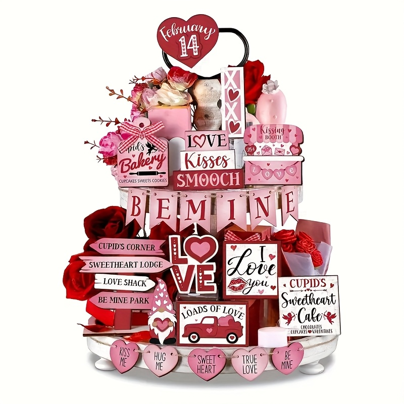 

22pcs Valentine's Day Wooden Decor Set - Rustic Layered Tray With Heart & Design, Polished , No Batteries Required - Home & Party Decoration