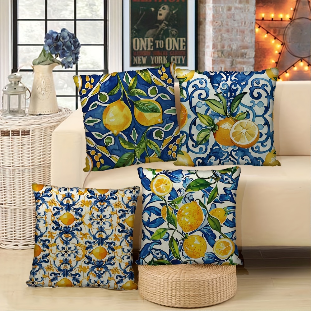 

4-piece Set Lemon Print Linen Pillowcases - Bohemian Style, Hypoallergenic, Zip Closure, Machine Washable - 17.71" Square Sofa Decor Covers (inserts Not Included)