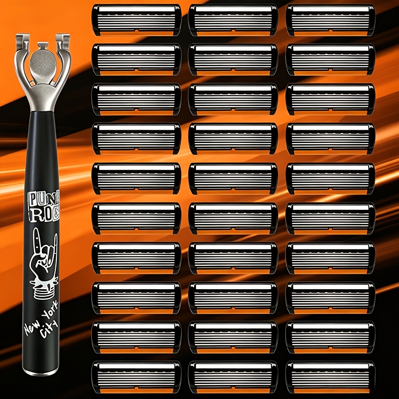 TEMU 1pc Classic Hip-hop Handle And 30pcs Replacement , Men's Safety Razor, Removable Washable Stainless Steel Head. Ergonomic Grip, 6 For Beard,