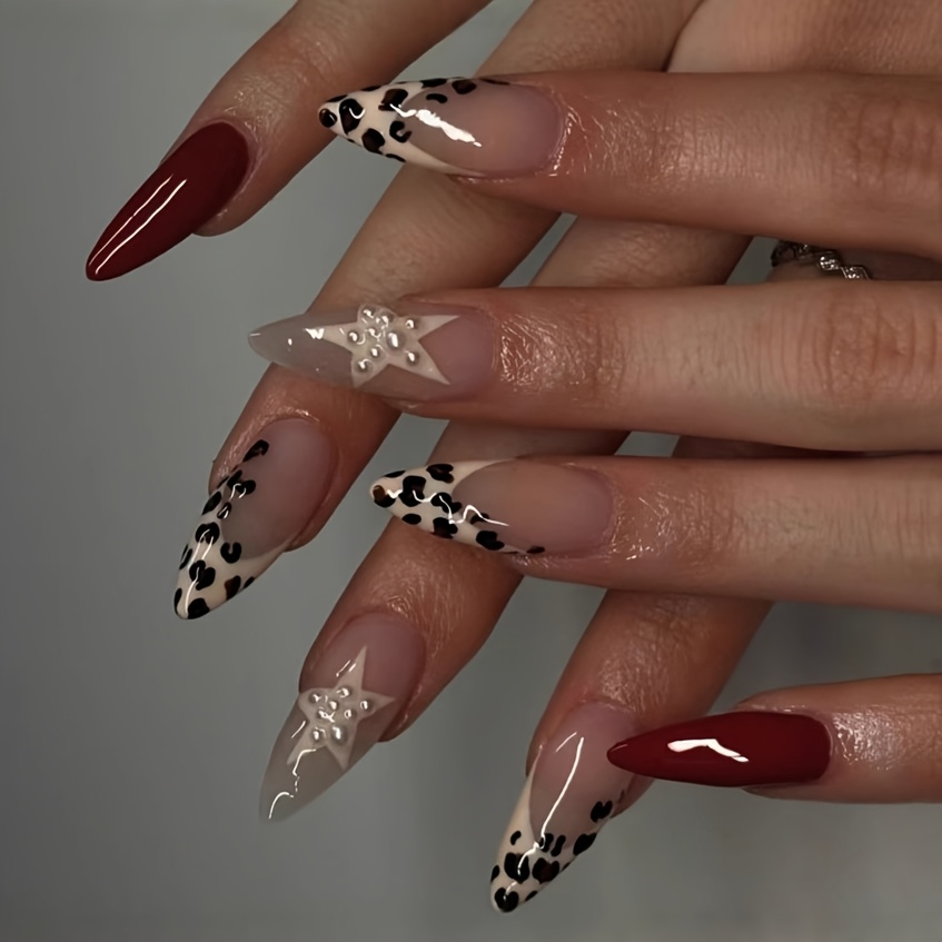 TEMU 24pcs Shaped Fake Nails, Cross-border New Leopard Print, Five-pointed Star Pointed Long Armor, Wild And Fashionable, With Jelly Glue And Rubbing