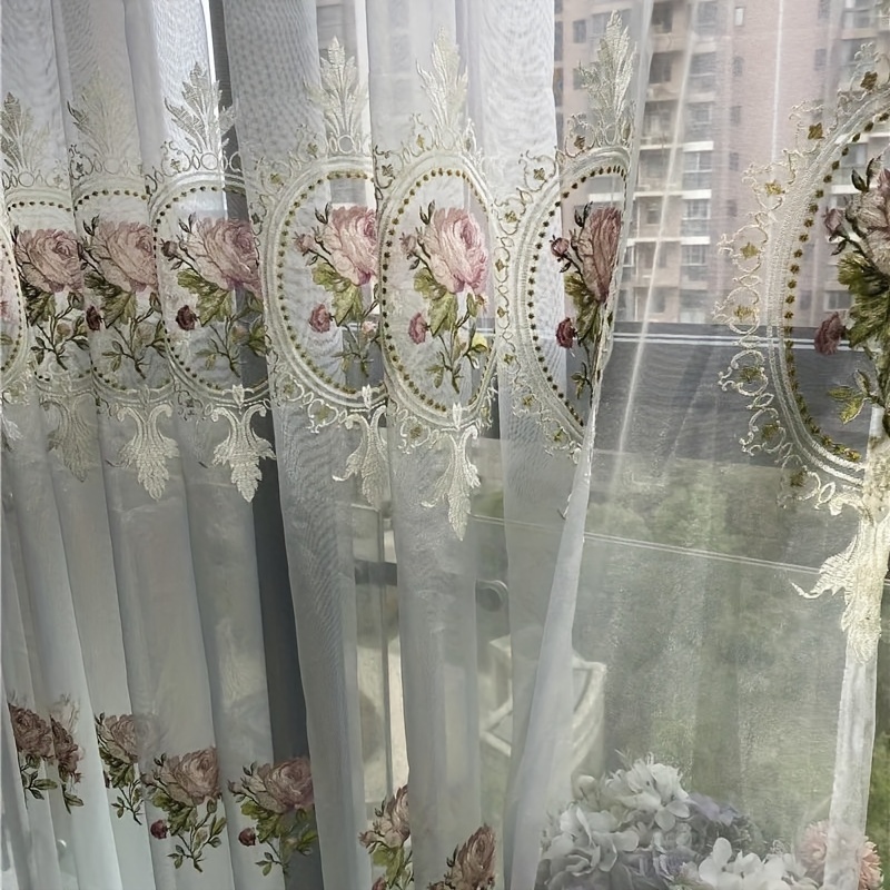 Image of 2pcs American Peony Tulle Curtain European Embroidery Sheer Drapes For Bedroom Living Room Home Decor
