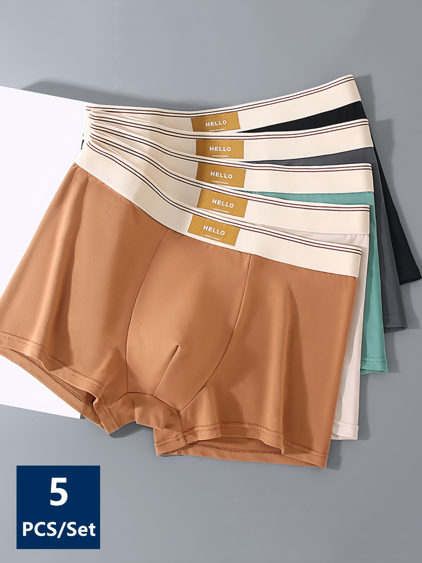 5pcs mens     boxer briefs breathable stretch fabric solid color beige black   light blue with mill label design Product details 0