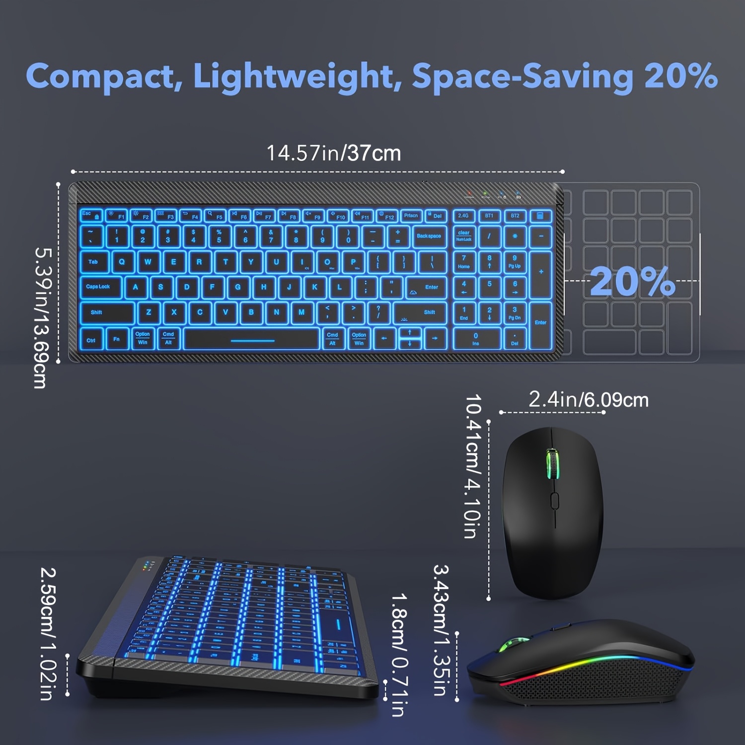 Wireless Wireless Keyboard And Mouse, Compact Multi-Device Mini Keyboard, Connects with Up to 3 Devices, Slim And Portable Travel Backlit Cordless Set, RGB Quiet Mouse, Compatible with Mac, Ios, Android, And Ipad (Black)
