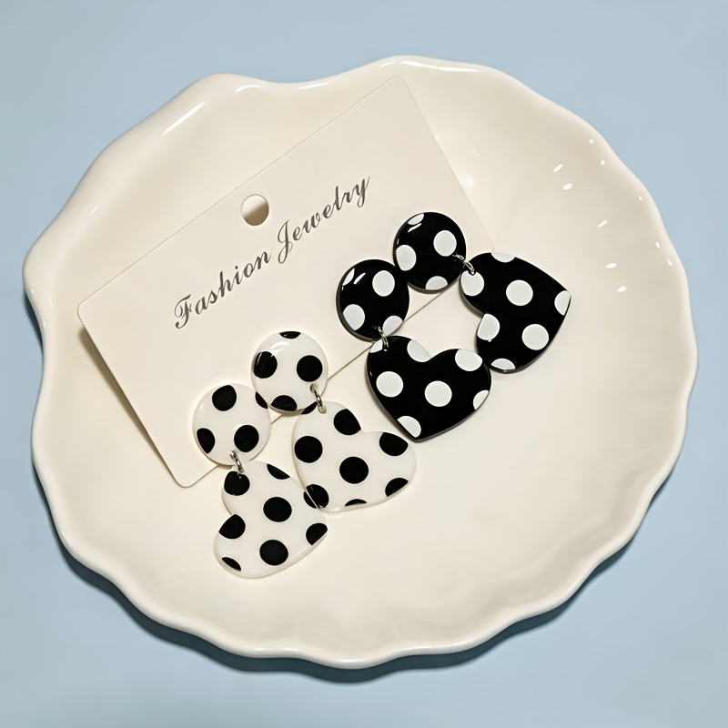 2pc Heart Polka Dot Earrings Set, Fun & Fashionable
