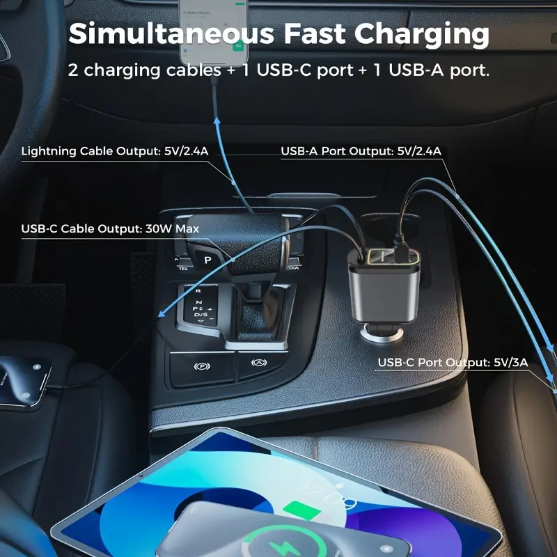 retractable car charger with star projector and flame ambient mood light 4 in 1 fast car mobile phone charger with 2 6ft retractable cable and usb c charger adapter compatible with iphones max 14 pro 11 galaxy s23 22 etc Product details 4