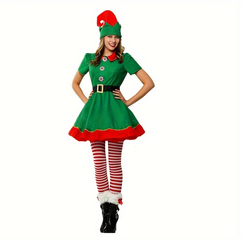 TEMU Women's 4pcs Christmas Elf Costume Set - Polyester Elf Dress, Hat, Belt, Striped Stockings For Holiday Parties & Halloween - Universal Adult