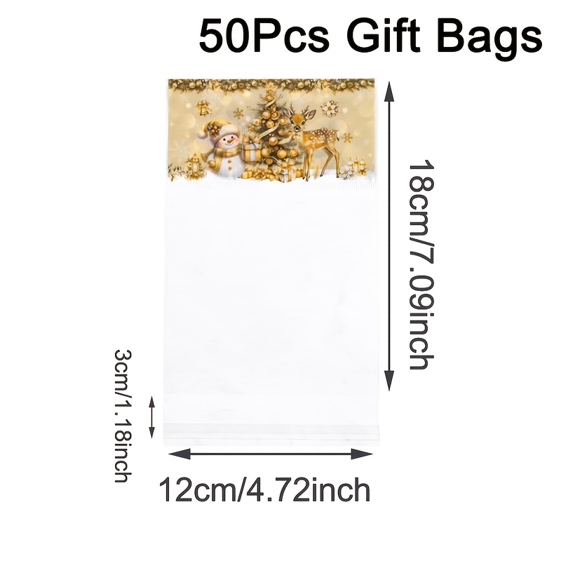 TEMU 30/50pcs Golden Christmas Self-adhesive Gift Bags, Golden Snowman Reindeer Pattern Clear Opp Self-sealing Bags, For Party Small Gifts Wrapping,