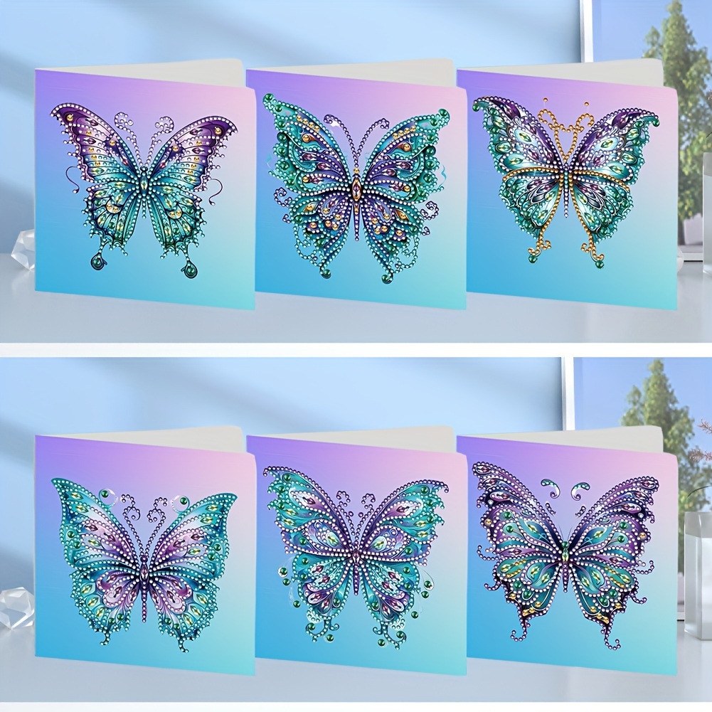 

6pcs Diy Christmas Bule Butterfly Diamond Painting Mosaic Art Greeting Card Blessing Card Kit Unique Gift For With 6 Envelopes