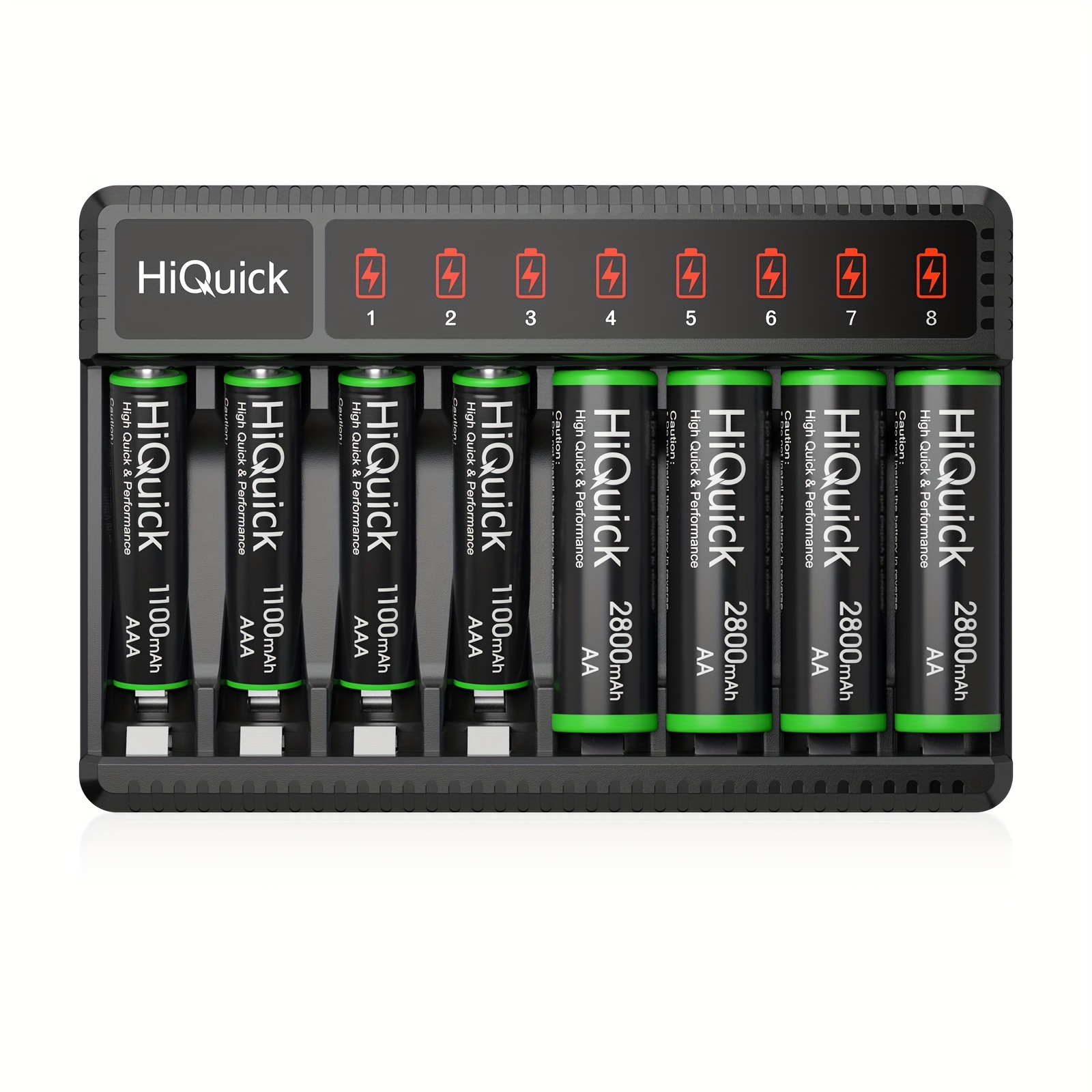 Hiquick 8 Bay Smart Battery Charger With Aa And Aaa Rechargeable Batteries - Fast Charging Household Battery Charger And Aa 2800mah Batteries 4-pack & Aaa 1100mah Batteries 4-pack