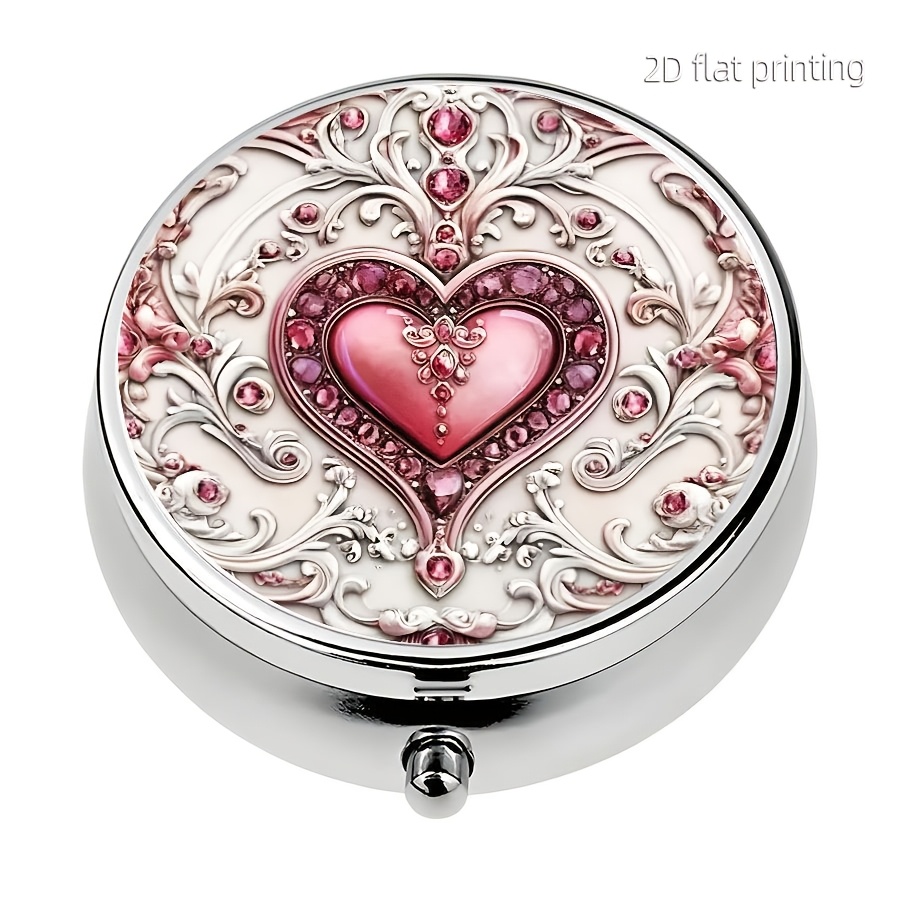 Image of 1pc Beautiful Heart-shaped Pattern Pill Box - 3 Compartment Metal Organizer, Portable Storage For Household, Pockets, Purses & Travel, Unique Gift Idea, Travel Organizer