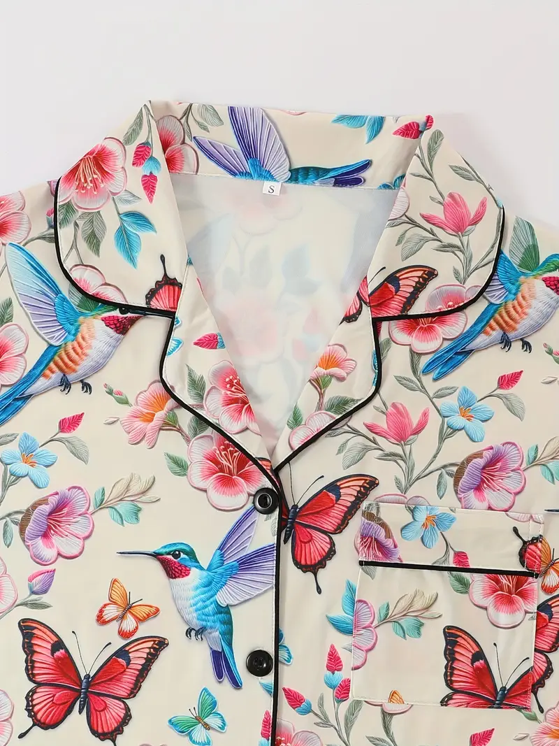 womens pajama set piece ensemble featuring cute cartoon animal designs with butterflies and birds a casual collared top drawstring waist shorts and long pants suitable for summer and made from comfortable fabric with button pocket details for adult loungewear Product details 2