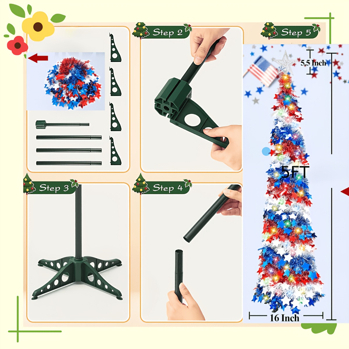 TEMU 5ft Artificial Christmas Tree Pop Up Collapsible Tinsel Xmas Tree Pre-lit Multicolor Led Lights, Pencil Christmas Tree With Topper & Stand,