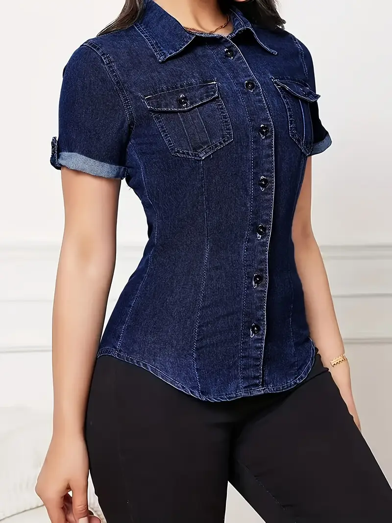 womens   casual shirt summer short sleeve button up with chest pockets machine washable non stretch denim style fabric elegant solid color blouse for casual professional wear Product details 5