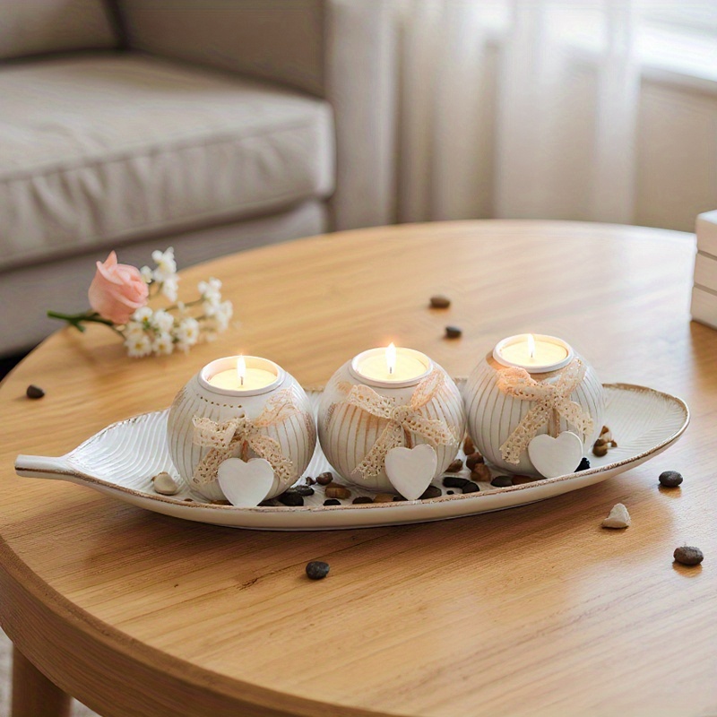 1set Of 4 Wooden Heart-shaped Candlestick Ornaments, Valentine's Day, Christmas Decoration, 3 Rounded Candle Holders With Leaf-shaped Tray, Suitable For Home, Bedroom Ornaments