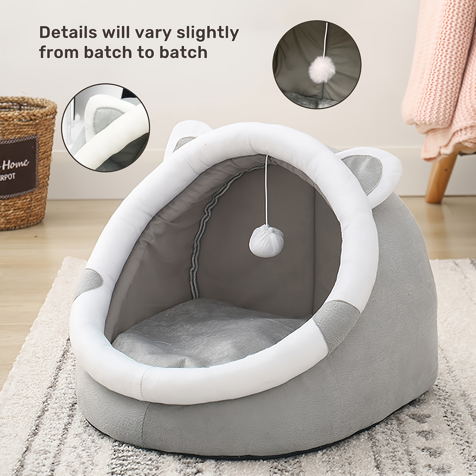 1 piece convertible   ear pet bed with dangling ball toy polyester fiber material cozy open topped nest for small to medium cats and dogs   indoor sleeping lounge details 7