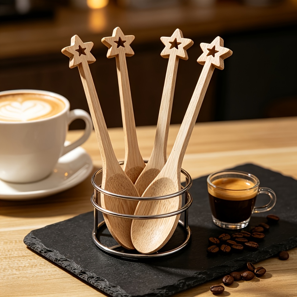 TEMU 4pcs Natural Bamboo Wooden Starry Spoon 4pcs Set, Exquisite Niche Tableware For Coffee, Desserts, And Afternoon Tea