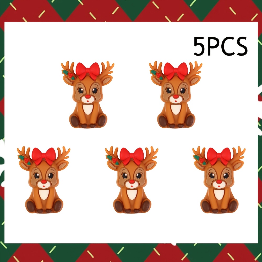 TEMU 5pcs 3d Christmas Reindeer Silicone Beads With Red Bow, Elk Shape Animal Beads Suitable For Jewelry Decoration Beads Accessories For Necklace,