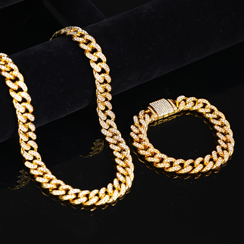 TEMU Ensemble collier et bracelet 2 pièces/lot, look élégant style punk, ensemble de bijoux tendance style hip-hop pour hommes et femmes