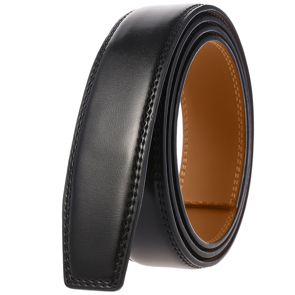 TEMU Black And Brown Double-layered Double-threaded Men' Buckle Single Belt Without Buckle Head. Easy Buckleless Automatic Belt. Thick And Durable,