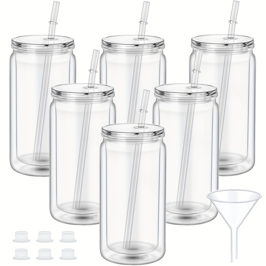 TEMU 6/25 Pack 16 Ounce Pre Drilled Double Wall Plastic Clear Sports Cups With Transparent Lid And Straw Double Layer Snow Cup With Funnel For