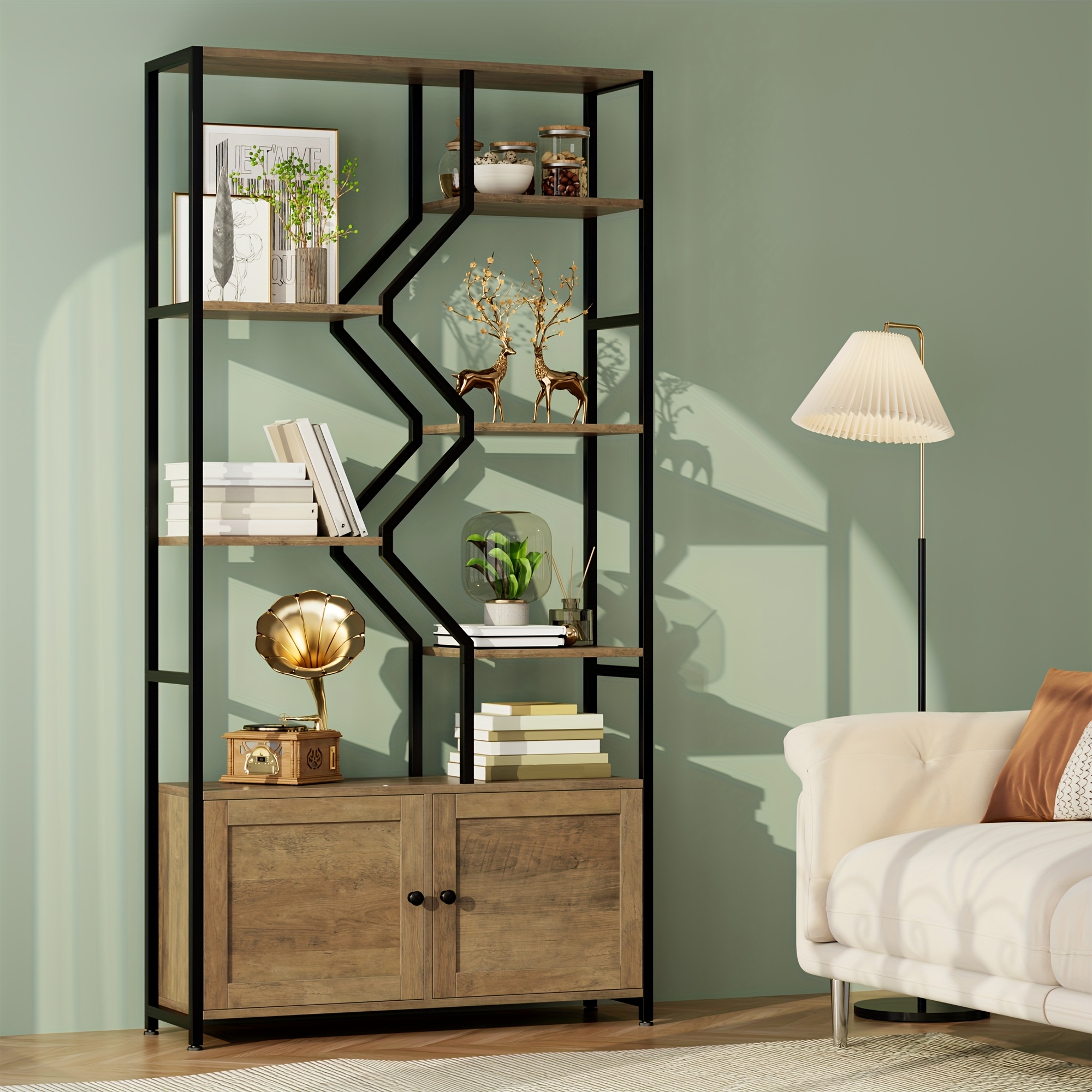 76'' Tall Industrial Bookshelf with Doors, Display Large Bookcase With Storage and Organization Cabinet, Unique Geometric Metal Frame Design, Sturdy Wooden Shelves, Organizer for Library, Living Room, Bedroom, Office, White and Golden/Brown and Black