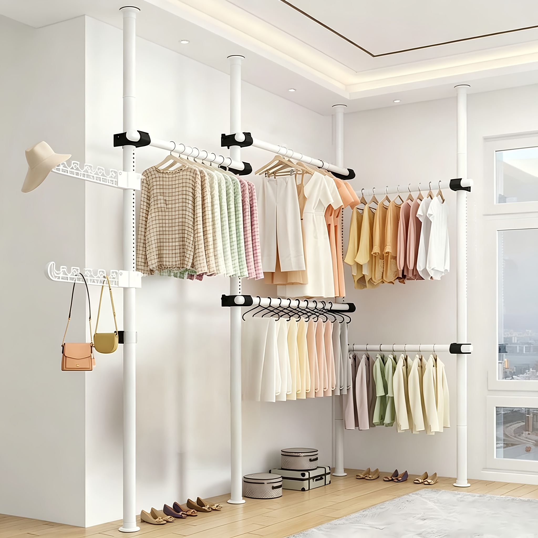 Telescopic Wardrobe, Floor-to-ceiling Clothes Rack, With 6 Rods & Grab Arm, 3-level Height Adjustable, 2 Removable Shelves, Space- Closet Replacement For Renters, For Mother's Day, Standing Shelf