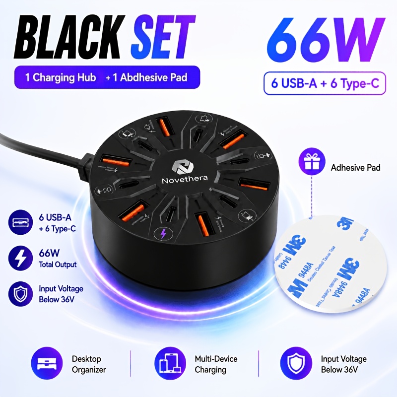 TEMU 66w 12-port Usb And Type-c Charging Combo Set (6+6) Adhesive Pad And Desktop Fast Charging Station Bundle For Home, Office, And Daily