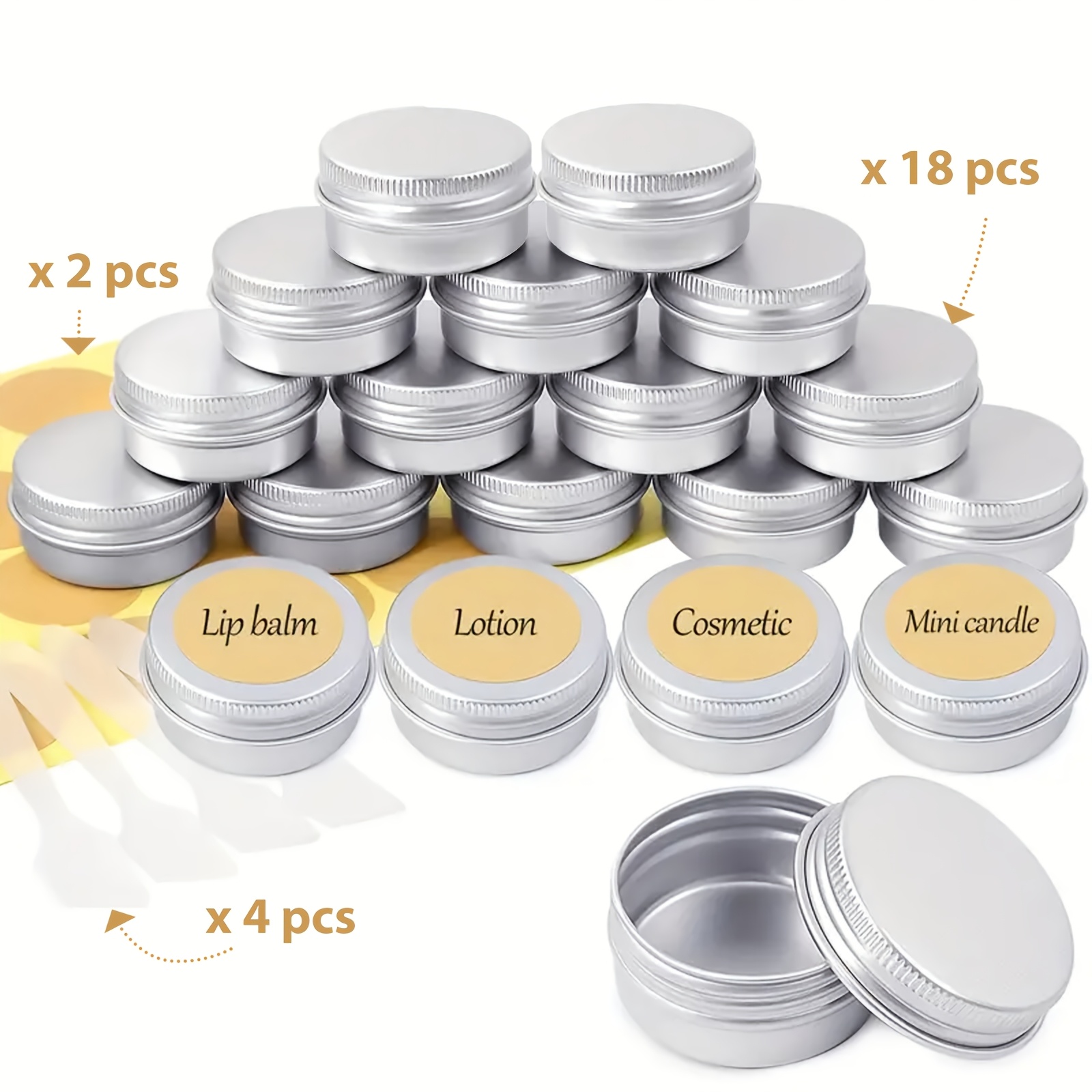 Image of 18pcs 20ml/0.7oz Empty Lip Balm Tins, 4pcs Mini Spatulas, 2pcs Round Stickers, 24pcs/set Aluminum Lip Balm Containers Set, Pots For Cream For Lip Balm/lotion/mini Candles/cosmetics
