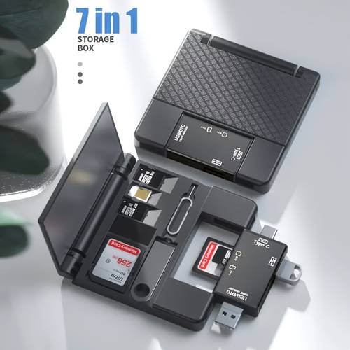 7 in 1 multifunctional mini sd reader with type c usb ports wireless matte black with storage box for digital cameras smartphones tablets device modern compact reader organized storage card reader
