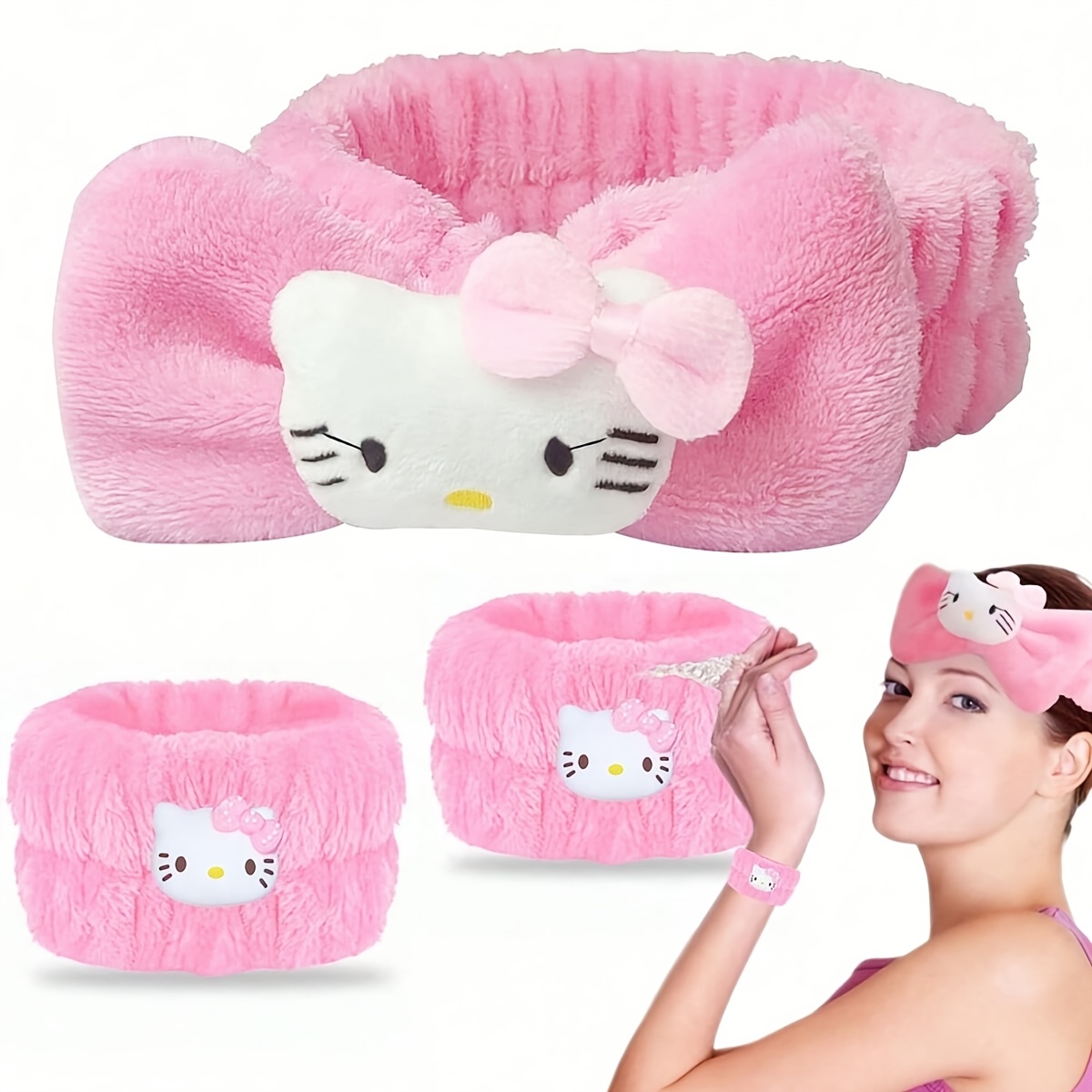 E-shop [Autorisiert] 3-teiliges Hello Kitty Hautpflege Stirnband Spa Stirnband und Armband Set zum Waschen des Gesichts Kawaii Kitty Pink Süß Bubble