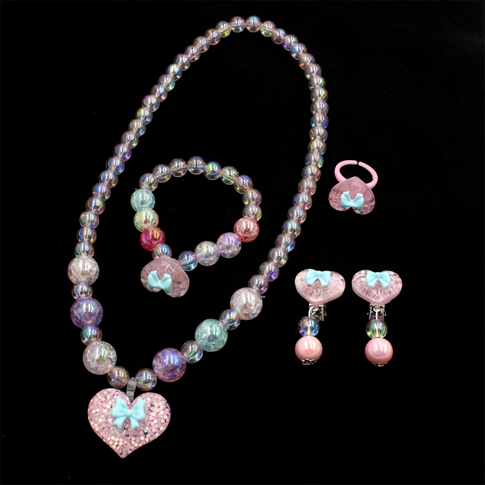 

5pcs -shaped Jewelry Set - Handcrafted Beaded Necklace, Bracelet, Ring & Earrings - Perfect Princess Gift For Girls