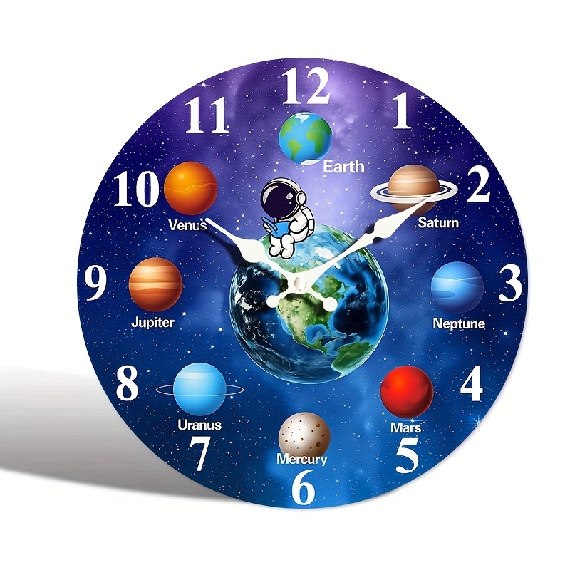 TEMU 1pc Round Clock, Blue Earth And Universe Design Wall Clock, Minimalist Creative Hanging Clock, Silent Quartz Round Wooden Clock, Suitable For