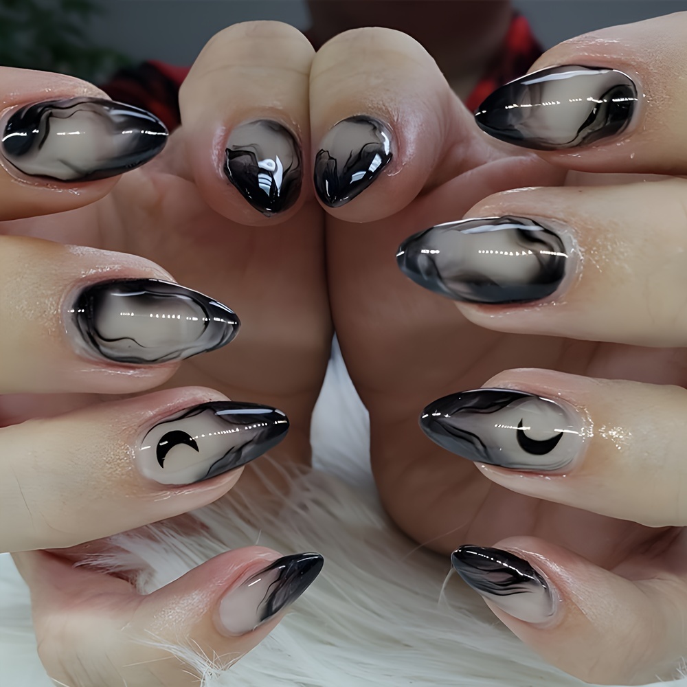 TEMU Neues Sommer- und Herbst-Kurz-Nagel-Set, kurz gefüllte Mandel-Nagel, French Ink Gradient, 24 Stück, wiederverwendbare Armor, geeignet für Frauen