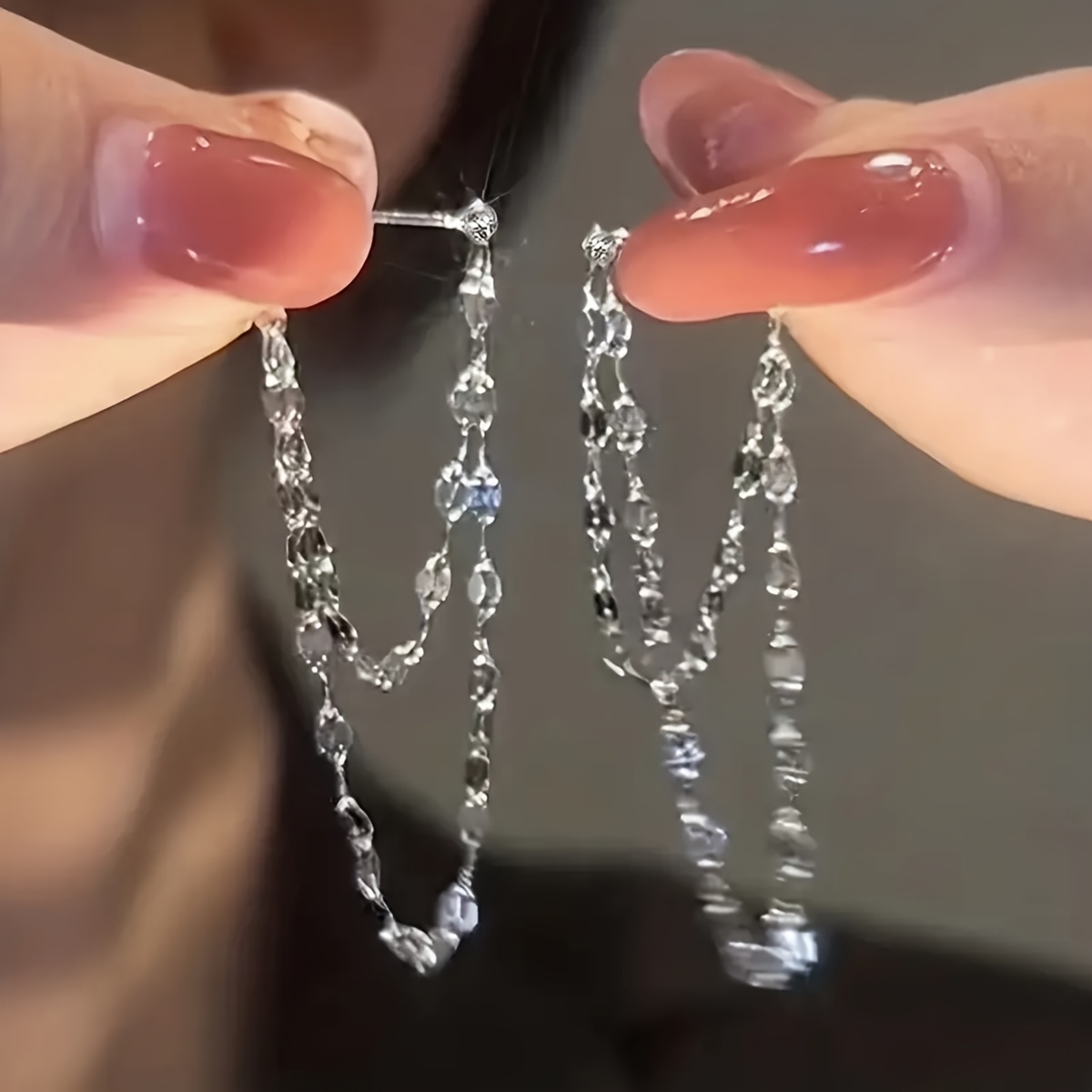 TEMU Elegant Women's Dangling Earrings - Stylish Double Chain Tassel Ornaments, Suitable For Occasions