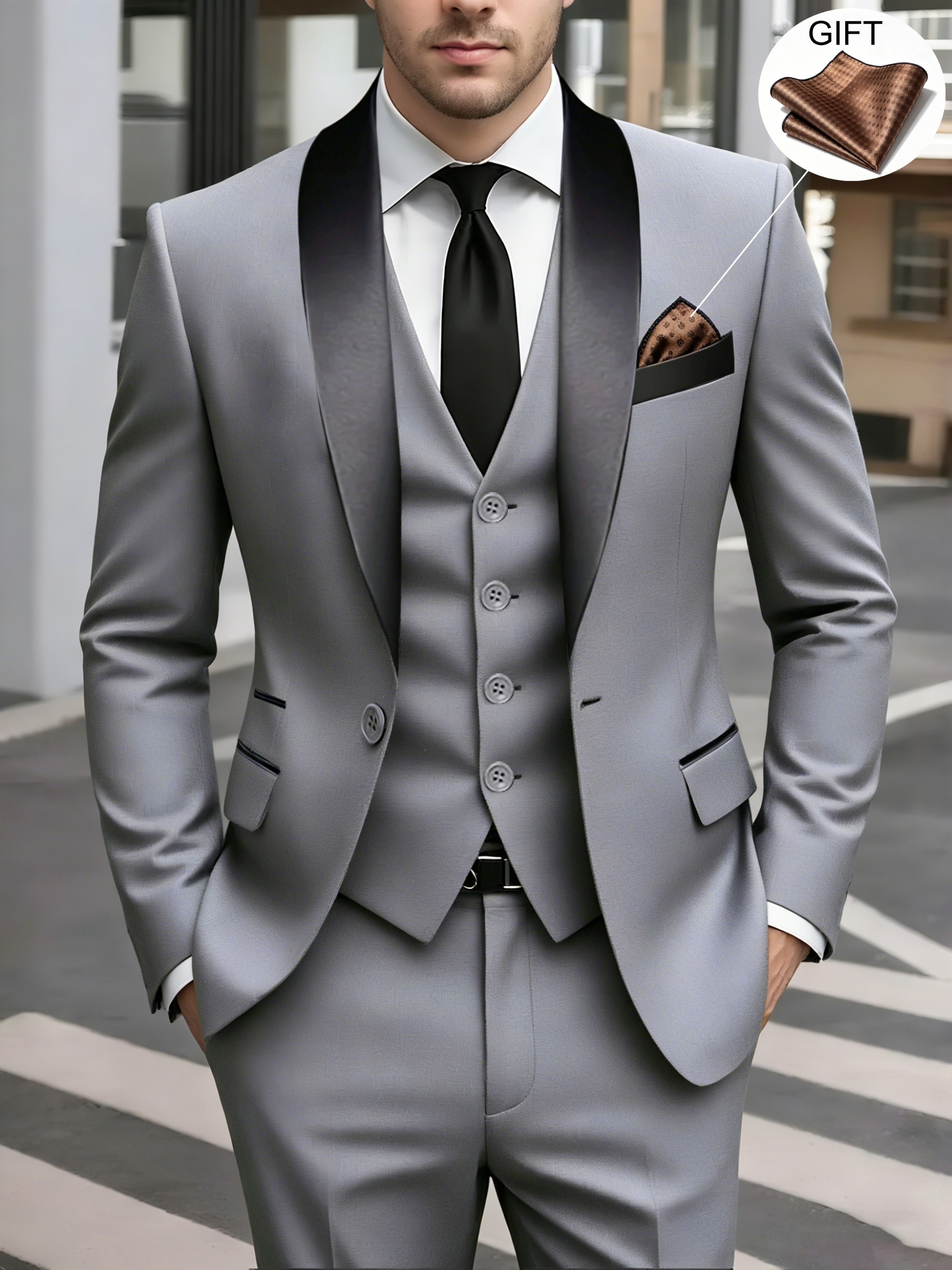Costume 3 pièces pour homme pour mariage, fête, affaires décontractées : veste de costume + gilet + pantalon classique, ensemble élégant de couleur unie pour marié, convient aux réunions d'affaires, inclut un mouchoir de poche