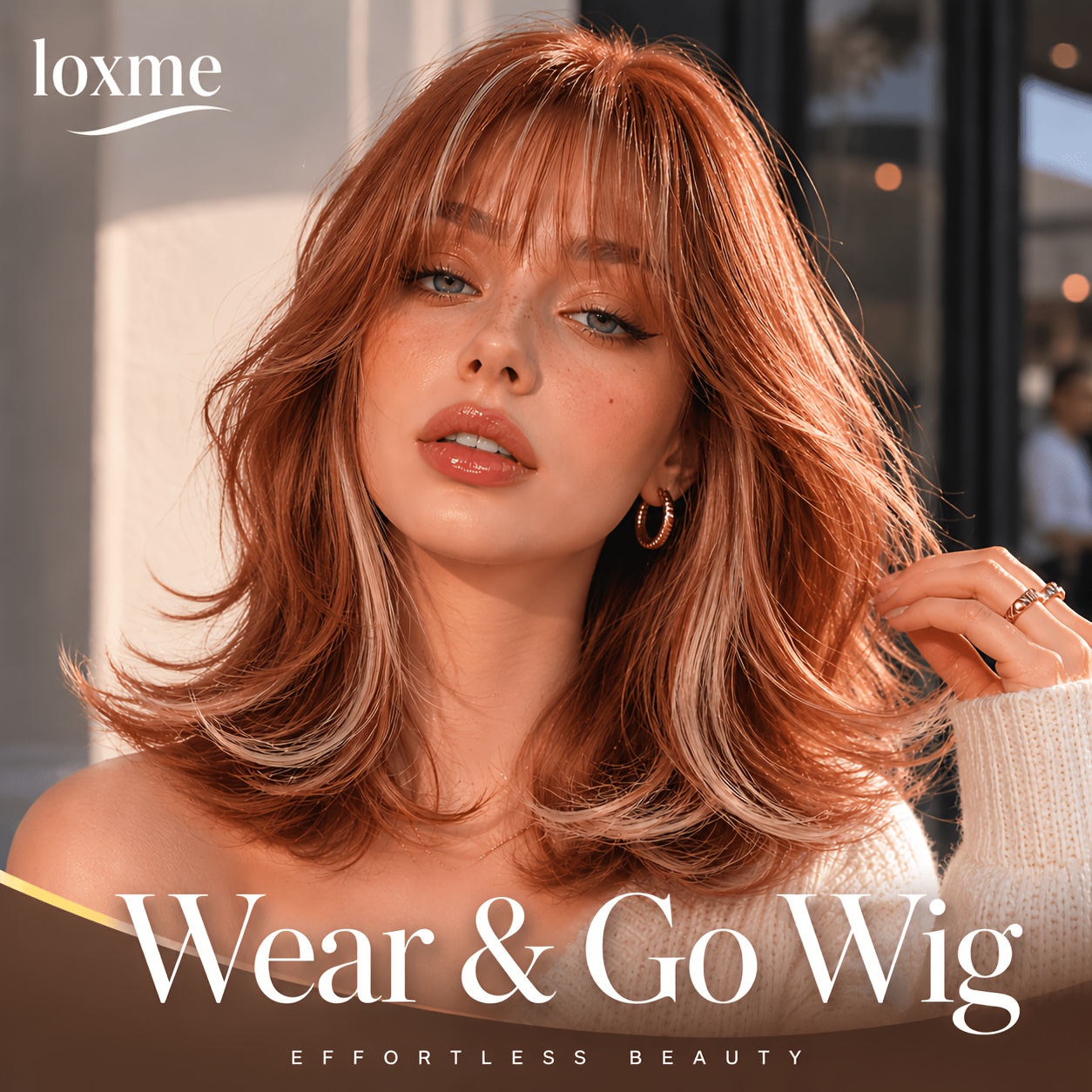 TEMU Women' 14 Inch Brown Highlight Wig With Bangs - Layered Shoulder Length Curly Synthetic Hair Suitable For Daily Wear & Cosplay, Heat Resistant