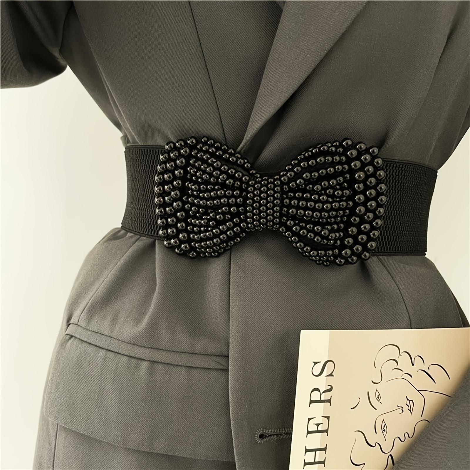 Image of Fashionable Handmade Bow Elastic Belt With Elastic Waistband, And Beautiful Versatile Dress, Windbreaker Decoration, Black And White