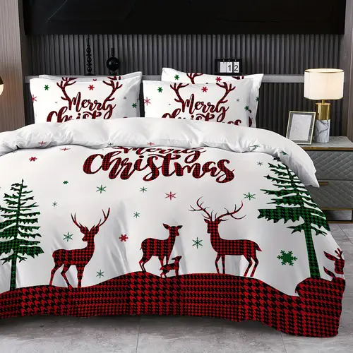 2 3pcs cozy christmas reindeer duvet cover set soft breathable polyester 1 duvet cover 1 2 pillowcases comforter pillows not included ideal for bedrooms guest houses dorms
