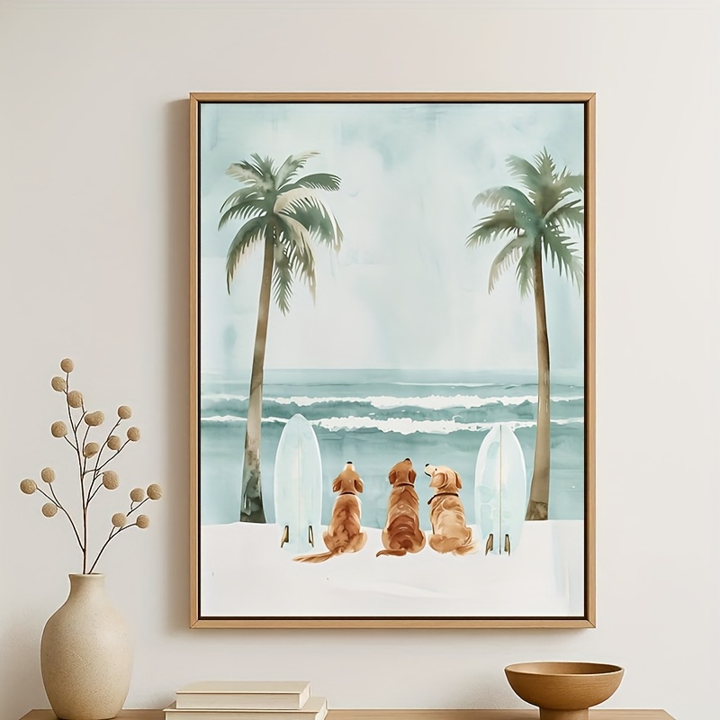TEMU 2d Flat, 2d Flat 1pc Frameless, Surfing Dog Paradise - Cute Dog Lover Art, Whimsical Painting, Coastal Dog, Colorful Pastel Watercolor Canvas