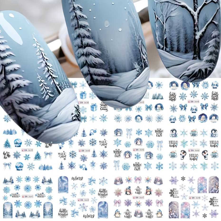Image of Art Stickers Charm Manicure Decoration12 Design Winter Snowflake Nail Sticker Light Blue Snowflakes Cedar Trees Cartoon Penguins, , Bow Tie, Gift Water Transfer Nail Slider Decals Manicure Additions
