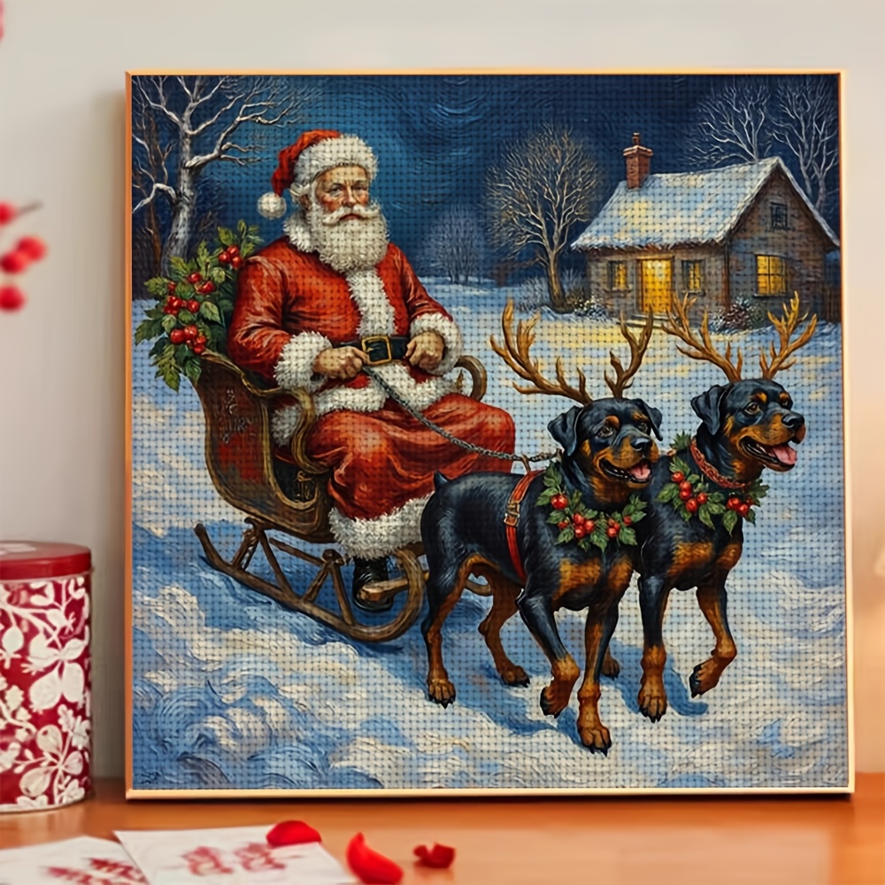 New DIY Cross-Stitch Printed Kit, Santa Pulled by Sled Dogs